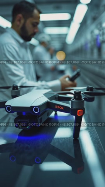 A close-up of a worker assembling a drone on a high-tech production line, with neon blue accents and sleek machinery in the background. Стоковое AI-видео, аниматор Sergey Grishin / Фотобанк Лори