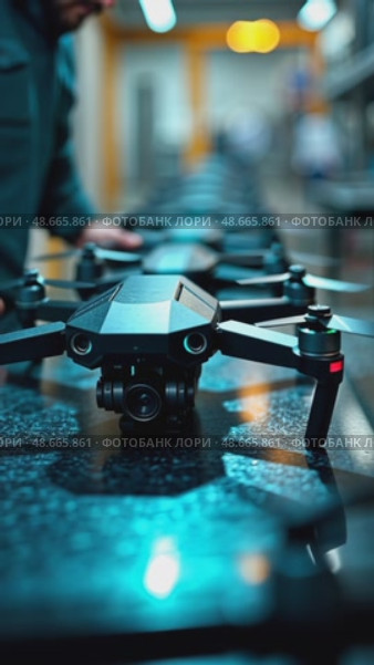 A close-up of a worker assembling a drone on a high-tech production line, with neon blue accents and sleek machinery in the background. Стоковое AI-видео, аниматор Sergey Grishin / Фотобанк Лори