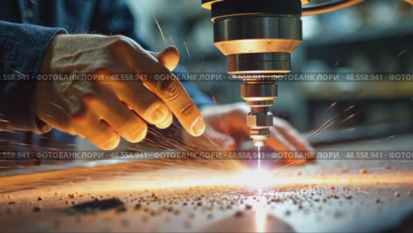 A close-up of a worker's hands operating a CNC machine, metal shavings scattering as the machine carves a precise design under control of operator. Стоковое AI-видео, аниматор Sergey Grishin / Фотобанк Лори
