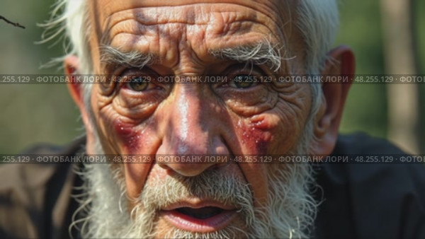A close-up of an old man's face streaked with sadness and thoughtful as he listens to a lamentation song, the shadows of tree branches dancing across his face. Стоковое AI-видео, аниматор Sergey Grishin / Фотобанк Лори