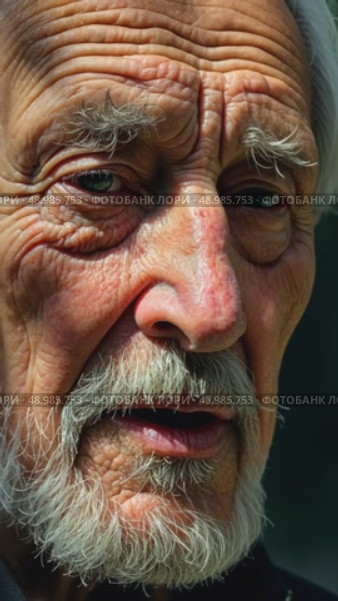 A close-up of an old man's face streaked with sadness and thoughtful as he listens to a lamentation song, the shadows of tree branches dancing across his face. Стоковое AI-видео, аниматор Sergey Grishin / Фотобанк Лори