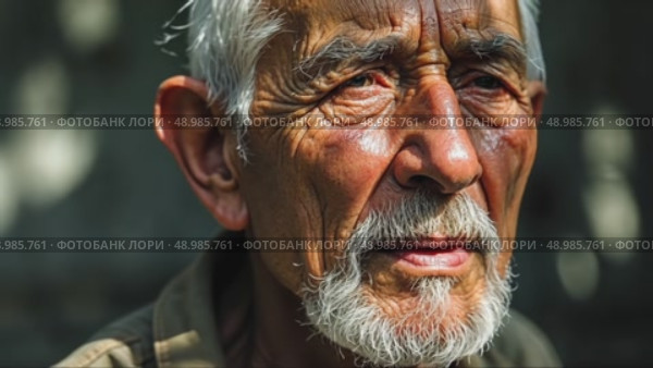 A close-up of an old man's face streaked with sadness and thoughtful as he listens to a lamentation song, the shadows of tree branches dancing across his face. Стоковое AI-видео, аниматор Sergey Grishin / Фотобанк Лори
