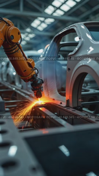 A close-up of robotic arms welding car frames in an automotive factory, sparks flying as orange light reflects off metallic surface. Стоковое AI-видео, аниматор Sergey Grishin / Фотобанк Лори