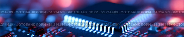 A close-up view of a microchip on a printed circuit board, illuminated by vibrant blue and red lighting. The macro perspective showcases the intricate structure and connectivity of the chip, emphasizing its precision and complexity. This scene evokes themes of modern technology, innovation, and the digital age. The lighting enhances the futuristic and high-tech mood, making the image ideal for illustrating concepts in computing, electronics manufacturing, AI development, or hardware engineering. The focus on the microchip’s pins and board layout conveys cutting-edge design and performance. Стоковое AI-изображение, AI-художник Ксения Чунаева / Фотобанк Лори