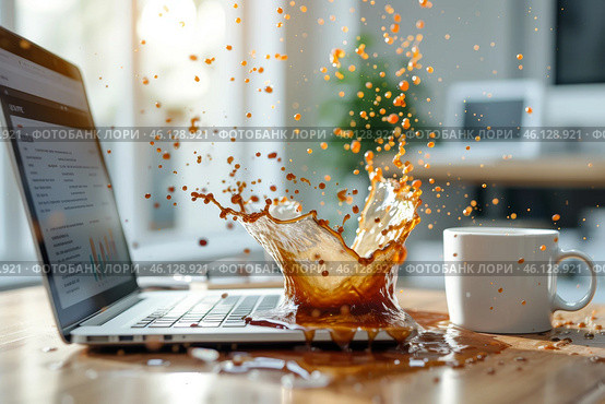 A coffee cup has accidentally tipped over, causing a cascade of coffee to splash onto a laptop and scatter across the wooden desk. Sunlight floods the room, highlighting the chaos. Стоковое AI-изображение, AI-художник Sergey Grishin / Фотобанк Лори