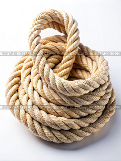 A Coiled Rope on a White Background. Generative AI. Стоковое AI-изображение, AI-художник Roman Zavorotny / Фотобанк Лори