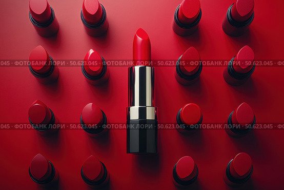 A collection of passion red lipsticks displayed against a vibrant red background. Beauty industry concept. Copy space. Advertisement for makeup artists. Стоковое AI-изображение, AI-художник Ирина Михайличенко / Фотобанк Лори