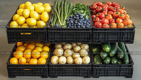 A colorful market stall with fresh fruits and vegetables, embodying a healthy diet and a sustainable lifestyle, stands. Стоковое AI-изображение, AI-художник Ярославский Максим / Фотобанк Лори