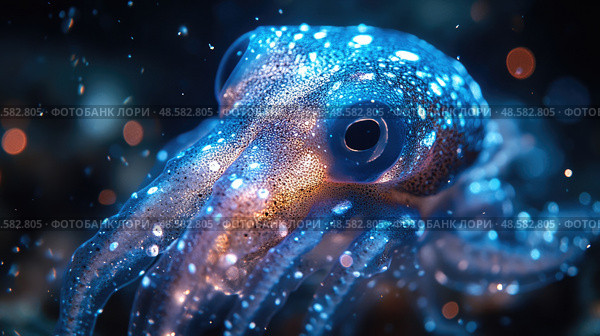 A colorful squid glides effortlessly through the dark ocean depths, its body shimmering with light in the underwater environment. Стоковое AI-изображение, AI-художник Данила Большаков / Фотобанк Лори