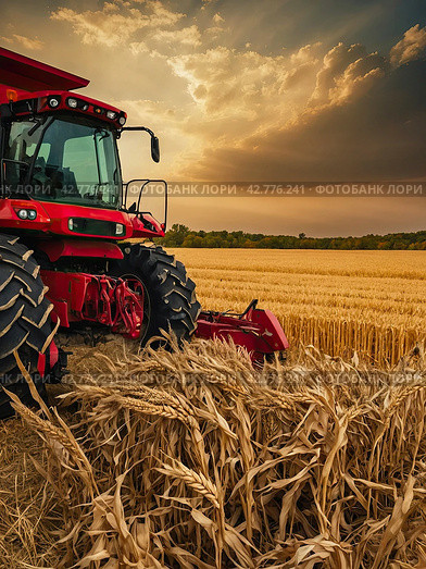 A combine harvester in the field harvests wheat. Harvest festival, autumn field cleaning, grain crops. AI generated. Стоковое AI-изображение, AI-художник Ольга Симонова / Фотобанк Лори