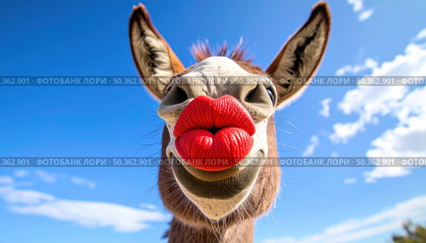 A comical donkey with oversized red lips set against a blue sky offers humorous visual commentary and whimsical surrealism in animal portraits. Стоковое AI-изображение, AI-художник Igor Tichonow / Фотобанк Лори