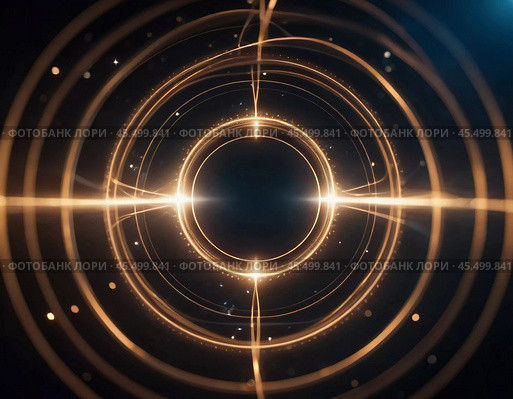 A complex design featuring interlocking circles and lines represents the intricate concepts of quantum physics. The dark backdrop enhances the luminous patterns of connection. Generative AI. Стоковое AI-изображение, AI-художник Юлия Петровская / Фотобанк Лори