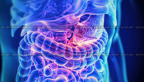 A computer generated image depicting the stomach and intestines of a human body. Стоковое AI-изображение, AI-художник Юрий Поздников / Фотобанк Лори
