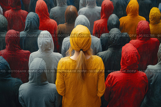 A conceptual image of a woman in bright yellow clothing, standing with her back to the viewer among a crowd of people in hoods. The colors of the other figures range from gray and black to red and dark blue, which emphasizes the individuality and distinctiveness of the main character. The work conveys the theme of uniqueness, opposition to the crowd, personal choice and the freedom to be yourself. Great for illustrating ideas of independence, courage, self-identification, society, manifesto and resistance to stereotypes. Стоковое AI-изображение, AI-художник Анна Кривицкая / Фотобанк Лори
