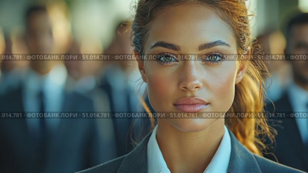 A confident businesswoman stands out in a crowd of professionals at a corporate event in the city, showcasing poise and determination. Стоковое AI-видео, аниматор Данила Большаков / Фотобанк Лори