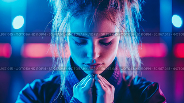 A contemplative portrait of a young woman with eyes closed, bathed in vibrant neon light, evoking a serene and introspective mood for digital art or print. Стоковое AI-изображение, AI-художник Данила Большаков / Фотобанк Лори