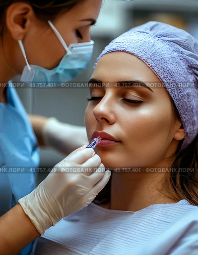 A cosmetologist injects fillers into the lips of a beautiful girl. Using hyaluronic acid based fillers. Injection cosmetology. Стоковое AI-изображение, AI-художник Сергей Елизарьев / Фотобанк Лори