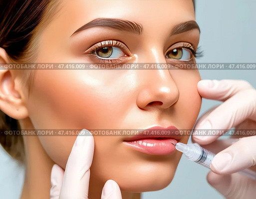 A cosmetologist injects fillers into the lips of a beautiful girl. Using hyaluronic acid based fillers. Injection cosmetology. Стоковое AI-изображение, AI-художник Сергей Елизарьев / Фотобанк Лори