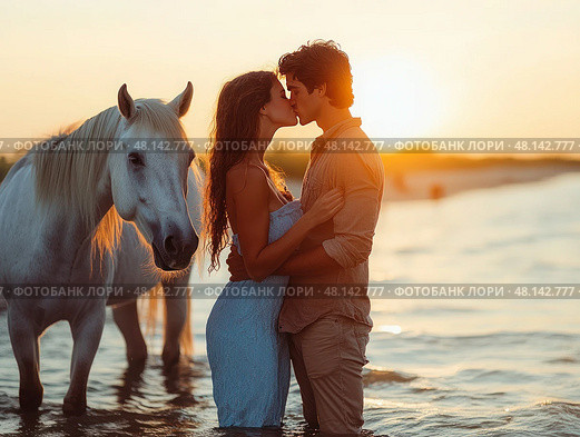 A couple kissing in the ocean next to a white horse. Стоковое AI-изображение, AI-художник Ярославский Максим / Фотобанк Лори