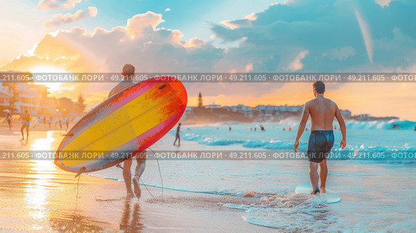 A couple of people walking together in the water, their feet submerged in the shallow waves. Стоковое AI-изображение, AI-художник Данила Большаков / Фотобанк Лори