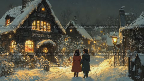 A couple takes a romantic walk through a charming village square on a snowy night, surrounded by twinkling lights and cozy cottages. Стоковое AI-видео, аниматор Данила Большаков / Фотобанк Лори