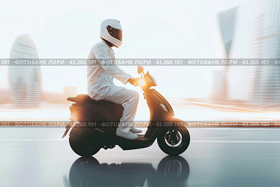 A courier in a white uniform and helmet rides a scooter against a backdrop of skyscrapers. Стоковое AI-изображение, AI-художник Ярославский Максим / Фотобанк Лори