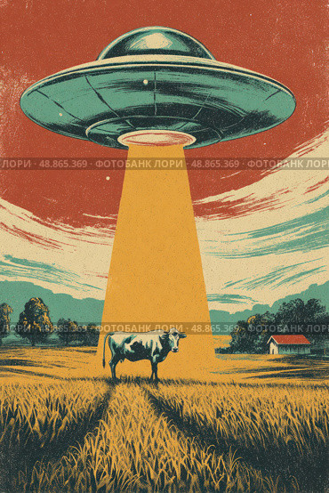 A cow is standing in a field with a large, glowing, alien-like object in the sky. Стоковое AI-изображение, AI-художник Ярославский Максим / Фотобанк Лори