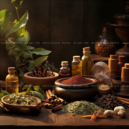 A cozy and atmospheric still life with a set of spices, herbs and oils in warm, natural light. In the center of the composition are wooden and clay bowls with dried herbs, powders, cinnamon sticks, cloves, garlic, anise, as well as glass bottles with oils and extracts. In the background, green leaves of fresh plants and traditional utensils are visible. The overall mood of the frame is warm, aromatic and rich, like a scene from an old pharmacy or a healer's kitchen. Стоковое AI-изображение, AI-художник Анна Кривицкая / Фотобанк Лори