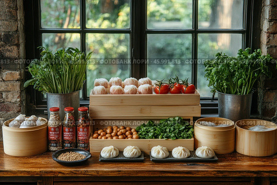 A cozy kitchen table, filled with ingredients and dishes. In the foreground are boiled Asian dumplings (for example, dim sum or baozi) on plates and in bamboo steamers. Nearby are fresh green herbs in metal buckets, ripe tomatoes, small pickled vegetables in wooden boxes, as well as jars with seasonings and spices. The entire composition is made in natural warm colors, with an emphasis on the texture of wood and greenery. In the background, a window overlooking a green garden is visible, which creates an atmosphere of coziness and freshness. Стоковое AI-изображение, AI-художник Анна Кривицкая / Фотобанк Лори