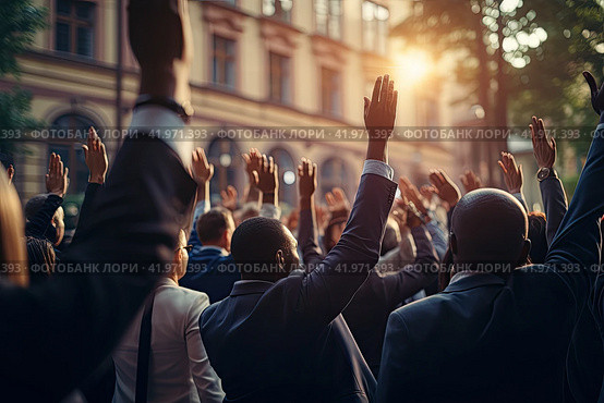 A crowd of people on the street raises their hands in agreement. The concept of a universal solution. Rear and side view. Generated by AI. Стоковое AI-изображение, AI-художник Ярославский Максим / Фотобанк Лори