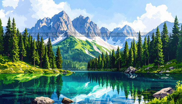 A crystal-clear alpine lake surrounded by evergreens and mountains symbolizing tranquility, adventure, and the pristine beauty of untouched wilderness. Watercolor painting. Стоковое AI-изображение, AI-художник Ольга Сухарева / Фотобанк Лори