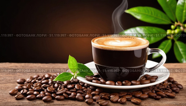 A cup of hot coffee with milk foam in the shape of a heart stands on a white saucer surrounded by coffee beans. A green leaf and blurred green leaves on a brown background. Стоковое AI-изображение, AI-художник Светлана  Громак / Фотобанк Лори