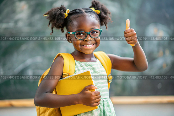 A cute black African American girl with glasses shows the class with her hand. The child goes to school for the first time. A child with a school bag and a book. A child in the classroom on the background of a blackboard. Back to school. Стоковое AI-изображение, AI-художник Photojuli / Фотобанк Лори