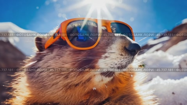 A cute, fluffy marmot crawled out of his hole wearing sunglasses among the white snow on a sunny day. zoom in, zoom out, pan or make 360 photo, animate, pan right. Стоковое AI-видео, аниматор ALLA YURTAYEVA / Фотобанк Лори