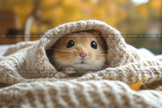 A cute hamster, snuggled up in a warm knitted blanket. Its tiny paws barely peek out from under the woolen cover, and its shiny black eyes look into the lens with curiosity and trust. Warm, soft shades, focus on the muzzle and a blurred autumn background create an atmosphere of coziness, peace and care. Стоковое AI-изображение, AI-художник Анна Кривицкая / Фотобанк Лори