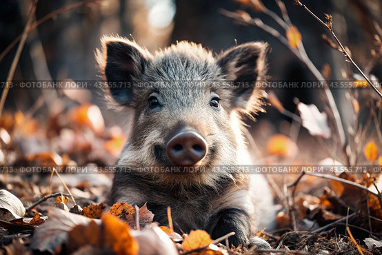 A cute little boar sitting among the autumn yellow foliage. Animal hunting. Стоковое AI-изображение, AI-художник Photojuli / Фотобанк Лори