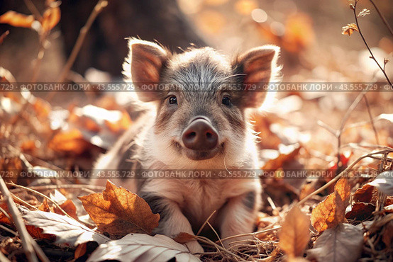 A cute little boar sitting among the autumn yellow foliage. Animal hunting. Стоковое AI-изображение, AI-художник Photojuli / Фотобанк Лори