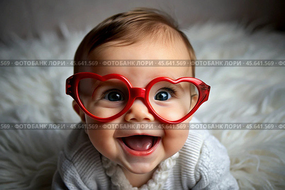 A cute little girl in stylish red heart-shaped glasses, having fun celebrating Valentine's Day. Стоковое AI-изображение, AI-художник Photojuli / Фотобанк Лори