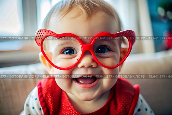 A cute little girl in stylish red heart-shaped glasses, having fun celebrating Valentine's Day. Стоковое AI-изображение, AI-художник Photojuli / Фотобанк Лори
