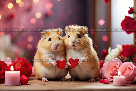 A cute loving pair of hamsters with red valentine hearts in a romantic Valentine's day decor. Romantic card, love. AI generated. Стоковое AI-изображение, AI-художник Ольга Симонова / Фотобанк Лори