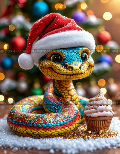 A cute snake, the symbol of 2025 according to the Eastern calendar, and ice cream. The snake symbolizes wisdom, vitality, immortality and healing powers. Festive atmosphere of the New Year. Стоковое AI-изображение, AI-художник Сергей Елизарьев / Фотобанк Лори
