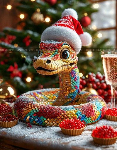 A cute snake, the symbol of 2025 according to the Eastern calendar, red caviar and a glass of champagne. The snake symbolizes wisdom, vitality, immortality and healing powers. Festive atmosphere of the New Year. Стоковое AI-изображение, AI-художник Сергей Елизарьев / Фотобанк Лори