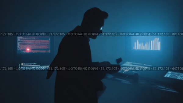 A cybersecurity specialist works on multiple screens, reviewing critical information in an immersive environment. Стоковое AI-видео, аниматор Данила Большаков / Фотобанк Лори