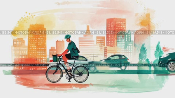 A cyclist navigates the lively streets of a city adorned with tall buildings and a bright, sunlit atmosphere. Стоковое AI-видео, аниматор Данила Большаков / Фотобанк Лори
