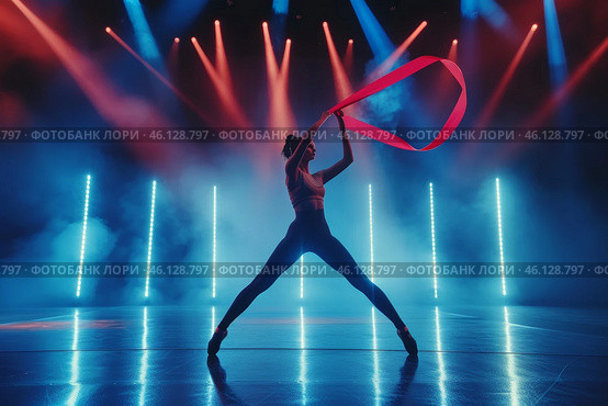 A dancer performs dynamically with a ribbon on stage illuminated by vibrant colored lights and smoke during a live event. Стоковое AI-изображение, AI-художник Sergey Grishin / Фотобанк Лори