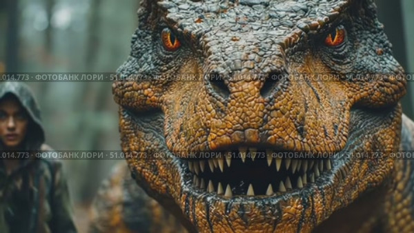 A daring adventurer confronts a colossal dinosaur up close in a foggy forest, creating an exhilarating moment filled with suspense and awe. Стоковое AI-видео, аниматор Данила Большаков / Фотобанк Лори