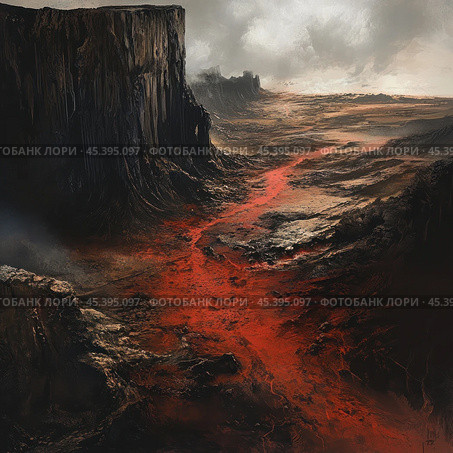 A dark and desolate illustration of a wasteland with a high rocky cliff and a red river flowing through the scorched earth. The scene conveys the atmosphere of a lifeless, harsh landscape reminiscent of a post-apocalyptic or hellish landscape. Dark rocks, heavy clouds and the blood-red hue of the water create the effect of an ominous and mysterious place. This image is perfect for themes related to fantasy, post-apocalypse, drama and darkness. Стоковое AI-изображение, AI-художник Анна Кривицкая / Фотобанк Лори