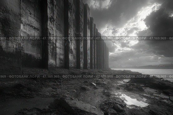 A dark industrial scene with a massive concrete wall stretching into the distance. Tall, rough columns covered in traces of time and erosion create a sense of abandonment and a post-apocalyptic atmosphere. The ground in front of the wall is littered with rocks, puddles and mud, adding to the harshness of the scene. The sky is covered with heavy clouds, through which a little light breaks through, creating dramatic lighting. On the horizon, beyond the water surface, the outlines of a factory or industrial complex are visible, complementing the industrial aesthetic of the frame. The black and white palette emphasizes the atmosphere of desolation, loneliness and time frozen in these concrete structures. Стоковое AI-изображение, AI-художник Анна Кривицкая / Фотобанк Лори