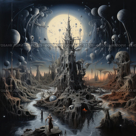 A dark, surreal alien landscape under the bright light of a huge moon or star. In the center rises a fantastic organic tower, reminiscent of an interweaving of roots, bones and cobwebs. Around are strange structures and silhouettes of creatures, a river with silvery water, floating planets and moons in the sky. The atmosphere is filled with a sense of mystery, post-apocalyptic reality and a distant alien civilization. The art style is a mixture of surrealism, dark fantasy and science fiction. Стоковое AI-изображение, AI-художник Анна Кривицкая / Фотобанк Лори