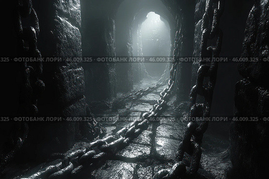 A dark underground corridor lined with stone slabs. The walls of the corridor are massive, covered with moisture and traces of time, which creates an atmosphere of antiquity and mystery. Heavy metal chains are visible along the floor and walls, which create a sense of imprisonment or a hidden purpose for this place. The light penetrates weakly, creating a dramatic play of shadows and adding a mystical atmosphere. The image evokes associations with dungeons, abandoned dungeons or secret passages. Стоковое AI-изображение, AI-художник Анна Кривицкая / Фотобанк Лори